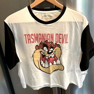 TASMANIAN DEVIL TAZ Looney Tunes Cropped T SHIRT black white short sleeve XL new